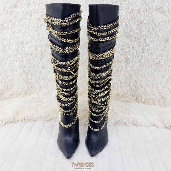 FINAL SALE Black Multiple Gold Chain 4.5" Heel Knee High Boot Last One - Picture 8 of 13